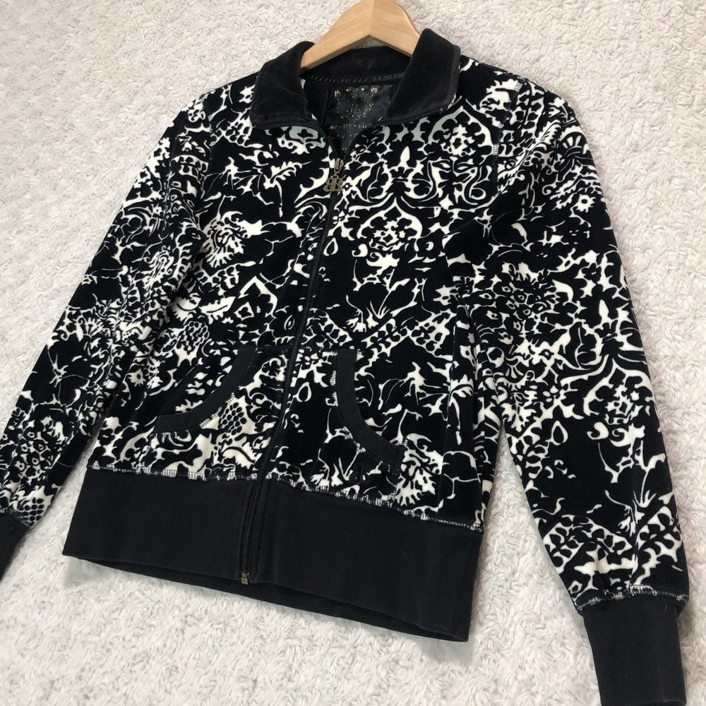 Full Zip Velvet Jacket Black White Damask Print Pockets Size‎ Small